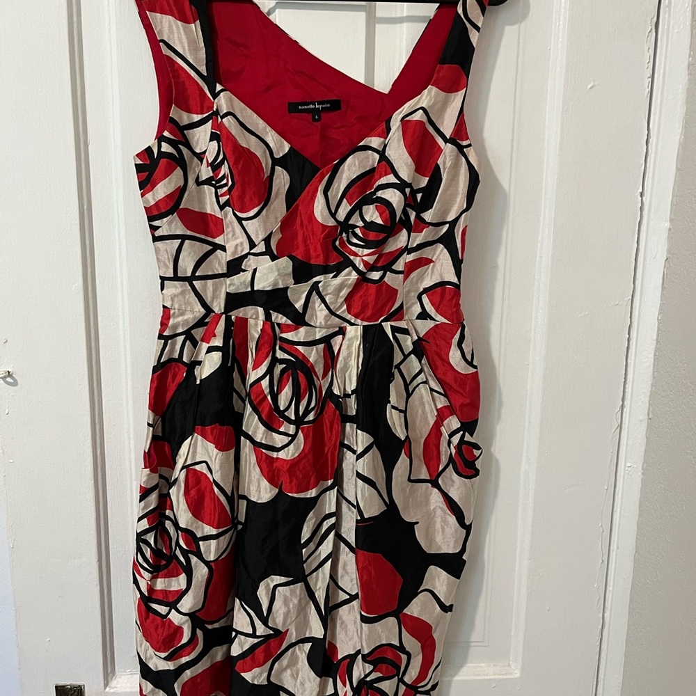 Nanette Lepore Red and Black Rose Midi Dress